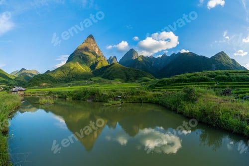Preview: Paddy rice terraces, green agricultural fields in countryside of mountain hills valley, Vietnam.
