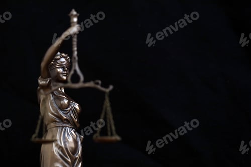 Preview: Lady Justice female statue in law on black backdrop. Law and justice