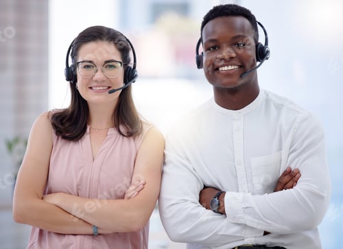 Preview: Portrait, call center and diversity people consultant, telemarketing agent or crm communication in