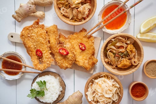Preview: Deep fried Crispy chicken in breadcrumbs served on white wooden table with salad, spices