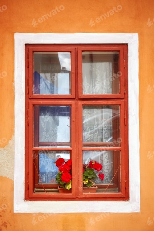 Preview: Closed old window with red flowers in orange wall