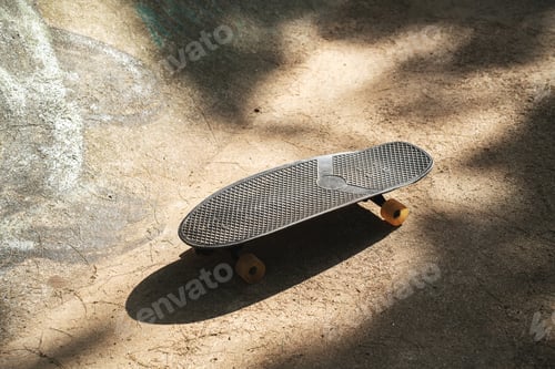 Preview: Skateboard on Sunlit Concrete Road with Tree Shadows