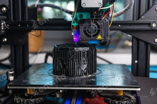Preview: A 3D printer prints a black model. Technology at home