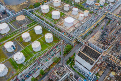Preview: Petrochemical oil refinery in Bangkok City, Thailand. Oil and gas tanks in industry factory.