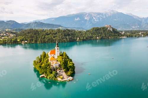Preview: Panoramic view of Lake Bled with Assumption of Maria Church on island on the background of Julian