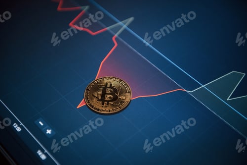 Vista previa: Imagen de bitcoins dorados en la pantalla con gráficos en la oficina