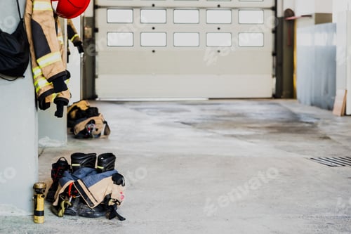 Preview: Boots and fireman's jacket on the garage floor of a fire station.