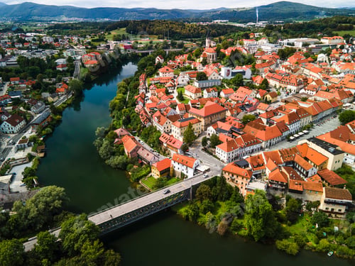 Preview: Novo Mesto Cityscape at Bend of the Krka River in Slovenia Lower Carniola Region. Aerial Drone View