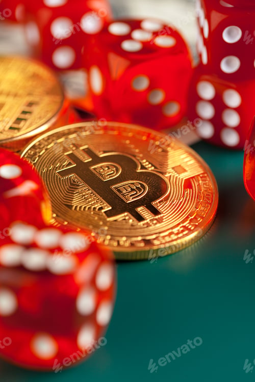 Preview: Bitcoins, dollars and dices. close up. creative photo