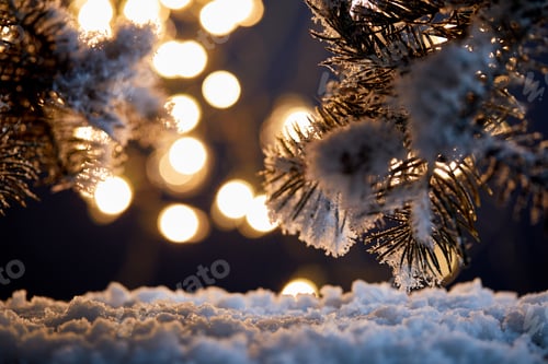 Preview: close up of spruce branches in snow with christmas lights bokeh at night