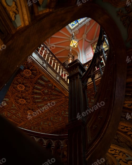 Preview: A wooden decorated spiral staircase inside the Livraria Lello in Porto, Portugal