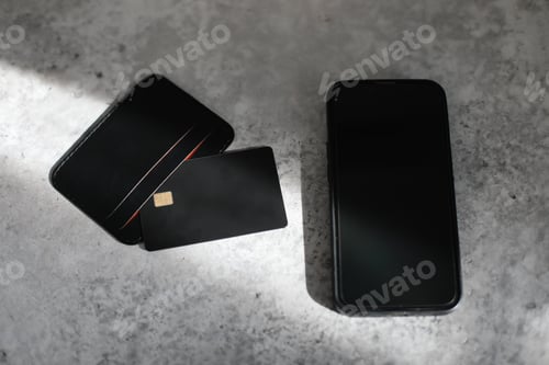 Preview: blank screen mobile phone and credit card isolated on gray background, Premium banking concept
