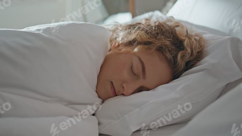 Preview: Tranquil woman sleeping pillow in morning. Carefree lazy girl hiding blanket