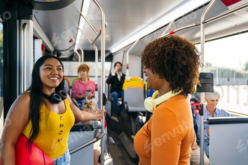 Preview: Diverse women friends talking on city bus