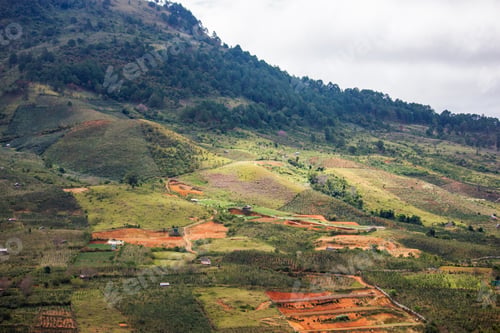 Preview: beautiful landscape with agricultural fields and mountains, vietnam, dalat region