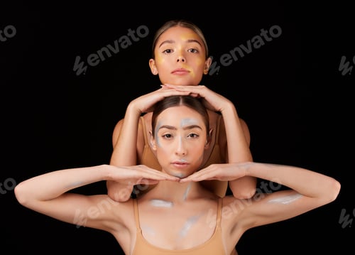 Preview: Art, ballet and portrait of women in a studio posing with artistic metallic paint on their body. Cr