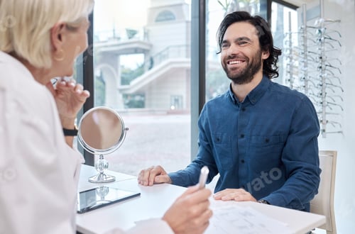 Preview: Senior doctor, help or man consulting for eyesight advice at optometrist or ophthalmologist with me