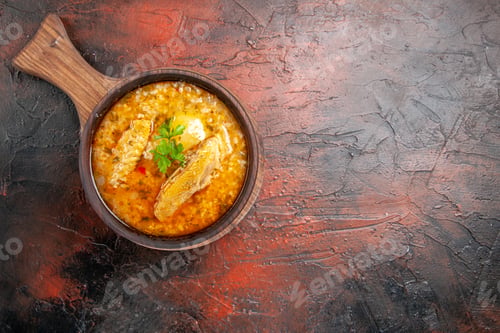 Preview: top view chicken soup in wooden bowl with handle on dark red background with free space