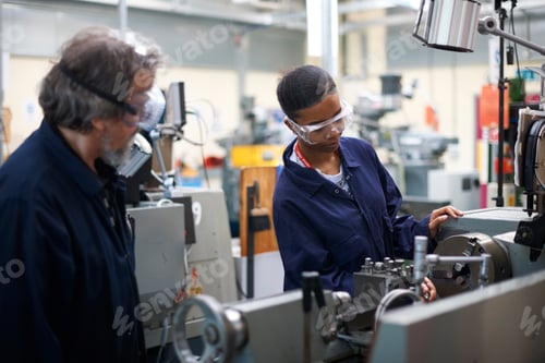 Preview: Lecturer teaching student to operate machine in workshop