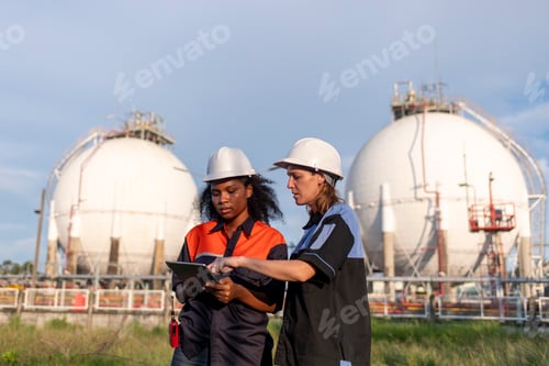 Preview: Engineers wearing safety gear, including hard hats examining survey a large blueprint tablet standin