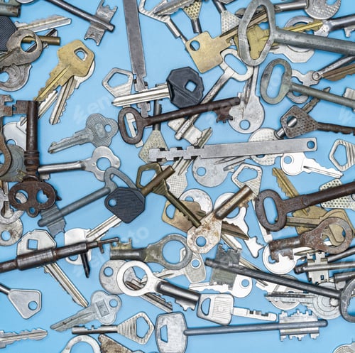 Preview: Keys set on blue background. Door lock keys and safes for property security and house protection