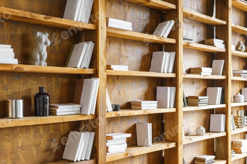 Preview: Tall Wooden Bookshelves With Minimal Decor And Books In Modern Loft Library, Office, Study Interior