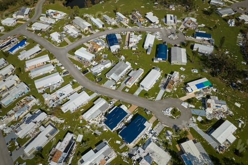 Preview: Destroyed by hurricane Ian suburban houses in Florida mobile home residential area.