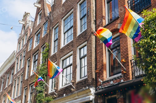 Preview: Gay flag in Amsterdam. Gay rainbow flag on a building.