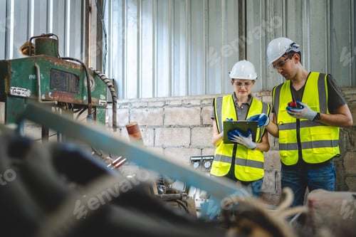 Preview: professional technician engineer team working industrial manufacturing factory, machinery production