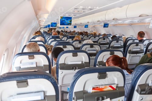 Preview: Airplane cabin interior with seats and display with gps. Transportation