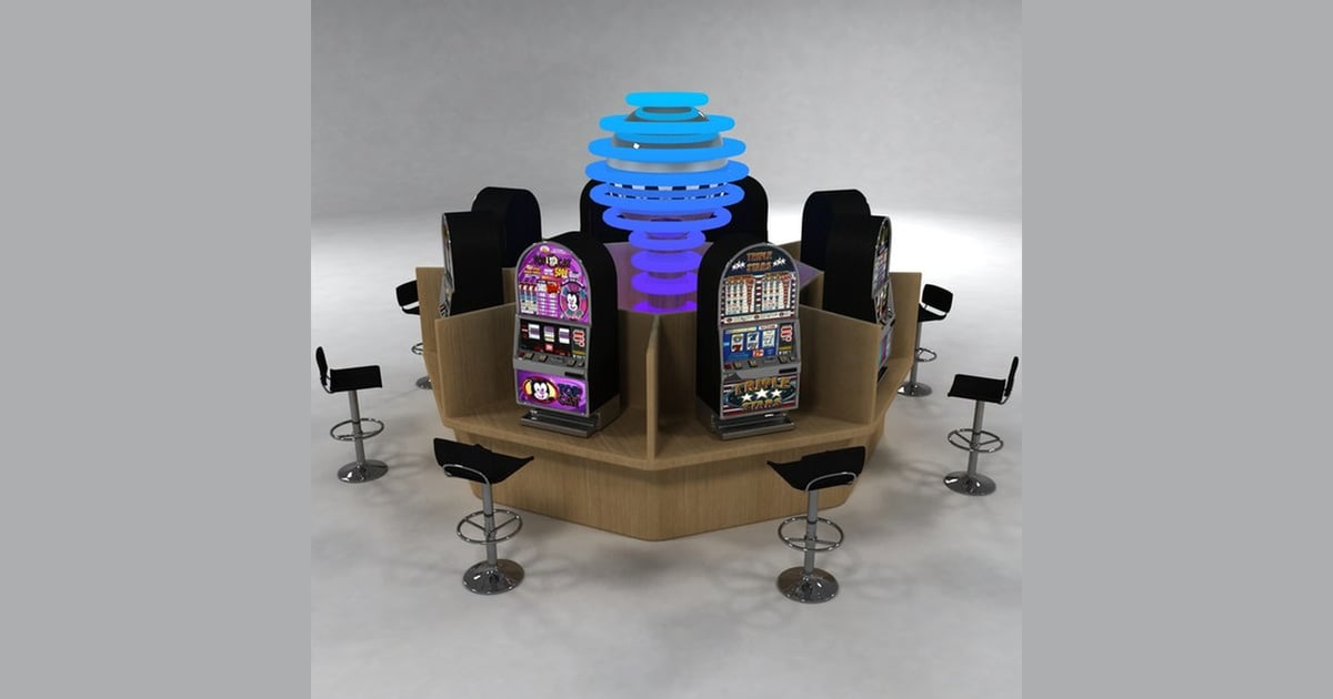 Slot machines arranged on circular table with overhead display 3D, Incl ...