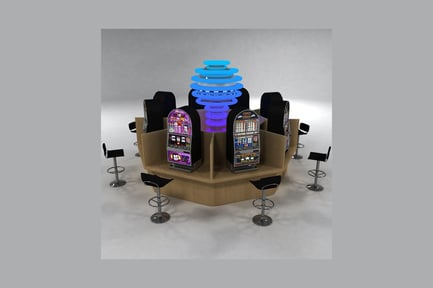 Visualização: Máquinas caça-níqueis dispostas em mesa circular com display suspenso