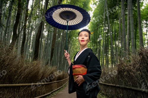 Preview: Japanese woman with kimono in Arashiyama bamboo forest