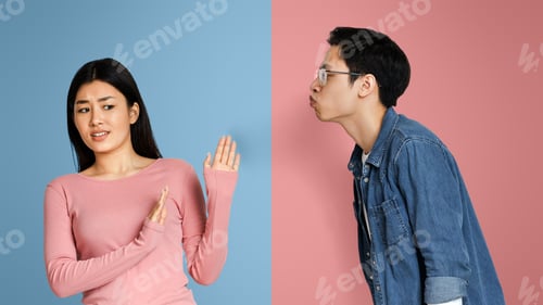 Preview: Virus Anxiety. Chinese Girl Rejecting Kisses From Boyfriend, Afraid Of Coronavirus
