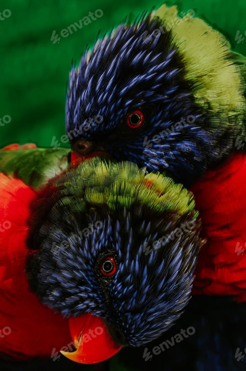 Preview: Vertical closeup shot of details on two bright colorful parrots