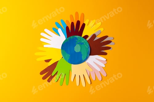 Preview: Colorful Hands Around Earth Globe on Yellow