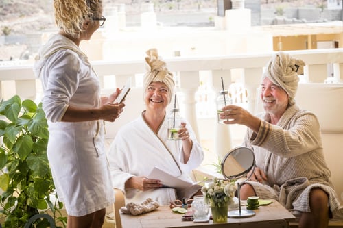 Preview: couple of two seniors in a resort with assistance helping they - beauty farm lifestyle