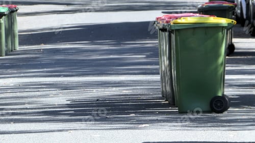 Preview: plastic garbage bins in a row out on the street ready for collection
