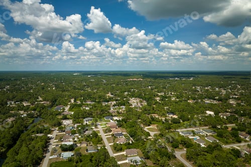 Preview: Aerial view of small town America suburban landscape with private homes