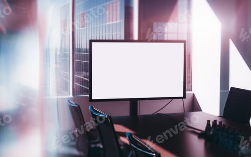 Preview: Mockup of tv screen if office room, tiltshift view