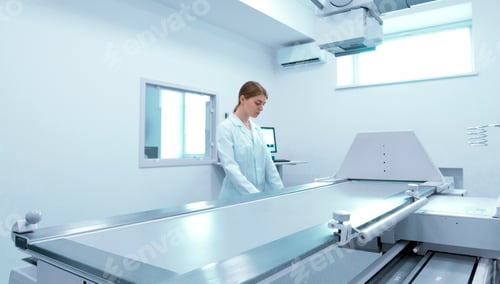 Preview: Woman doctor preparing X-ray equipment for making roentgenogram