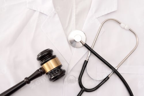 Preview: Doctor's White Lab Coat with Stethoscope and gavel, medical law or healthcare legislation