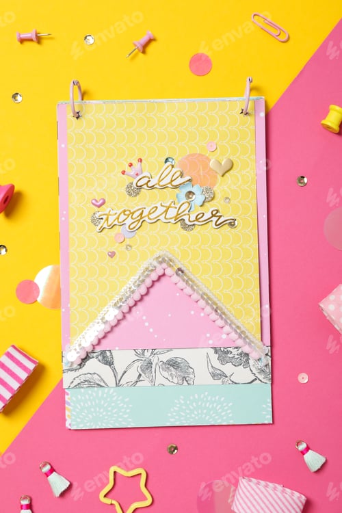 Preview: Concept of scrapbooking, scrapbooking for holiday, hobby concept, top view