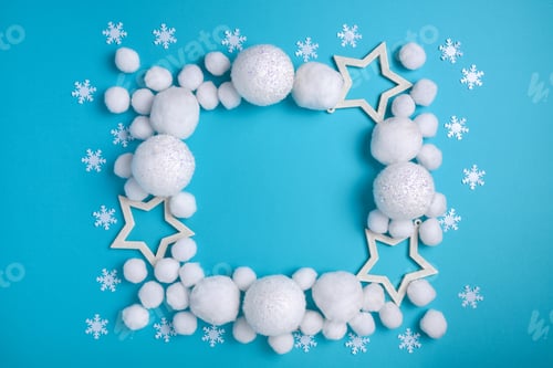 Preview: Christmas, New Year frame with white balls and snow, stars. Christmas pattern on blue background