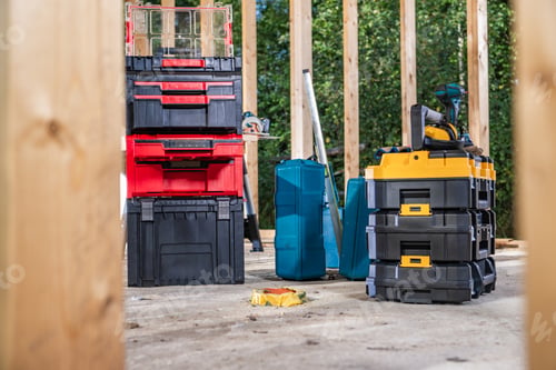 Preview: Construction Site Power Tools Inside Plastic Containers