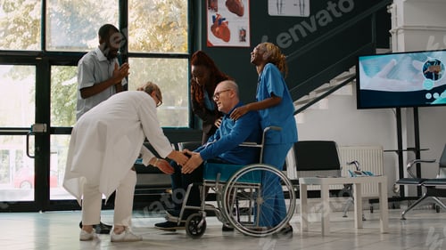 Preview: Young man and woman helping old adult to attend checkup consultation