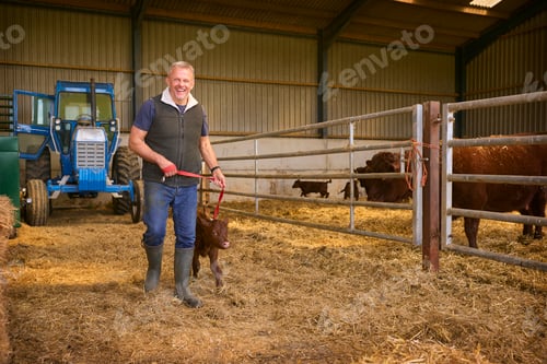 Preview: Portrait Of Mature Male Farm Worker Leading Young Calf Inside Barn