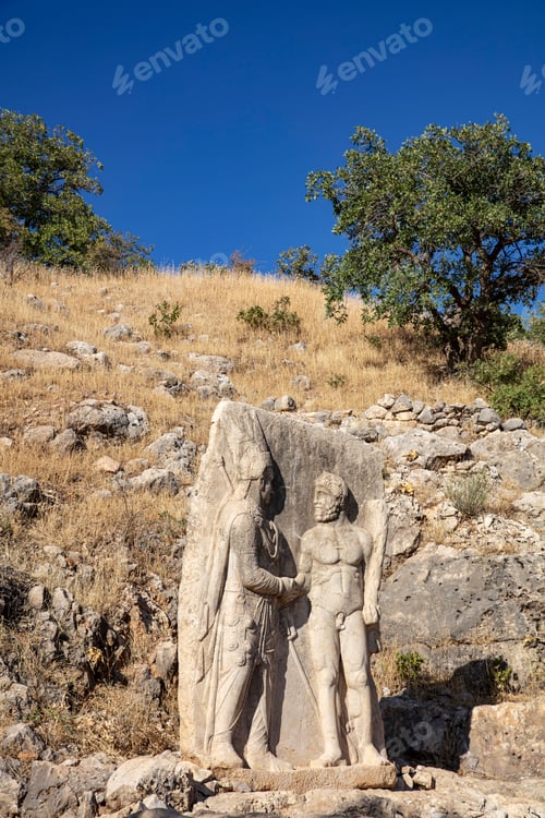 Preview: Historic Arsameia ruins in Eastern Turkey. King Antiochus of Commagene shaking hands with Heracles.