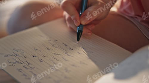 Preview: Closeup hand writing diary in golden sunlight. Unknown romantic girl make notes