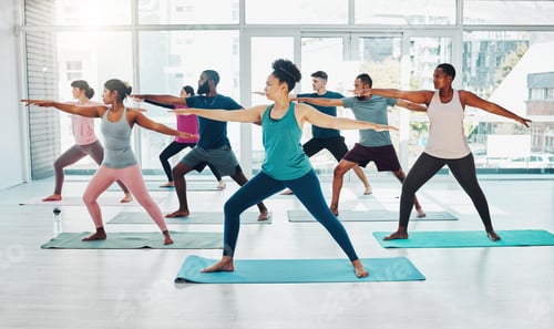 Preview: Yoga instructor, exercise class and fitness people in warrior ir stretching for health and wellness